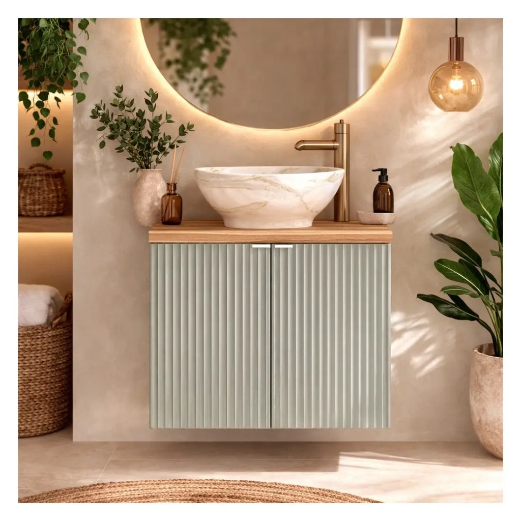 Set da bagno ELVINA 60cm: mobiletto sottolavabo con armadietti verde salvia grigio + piano per lavabo effetto legno scuro