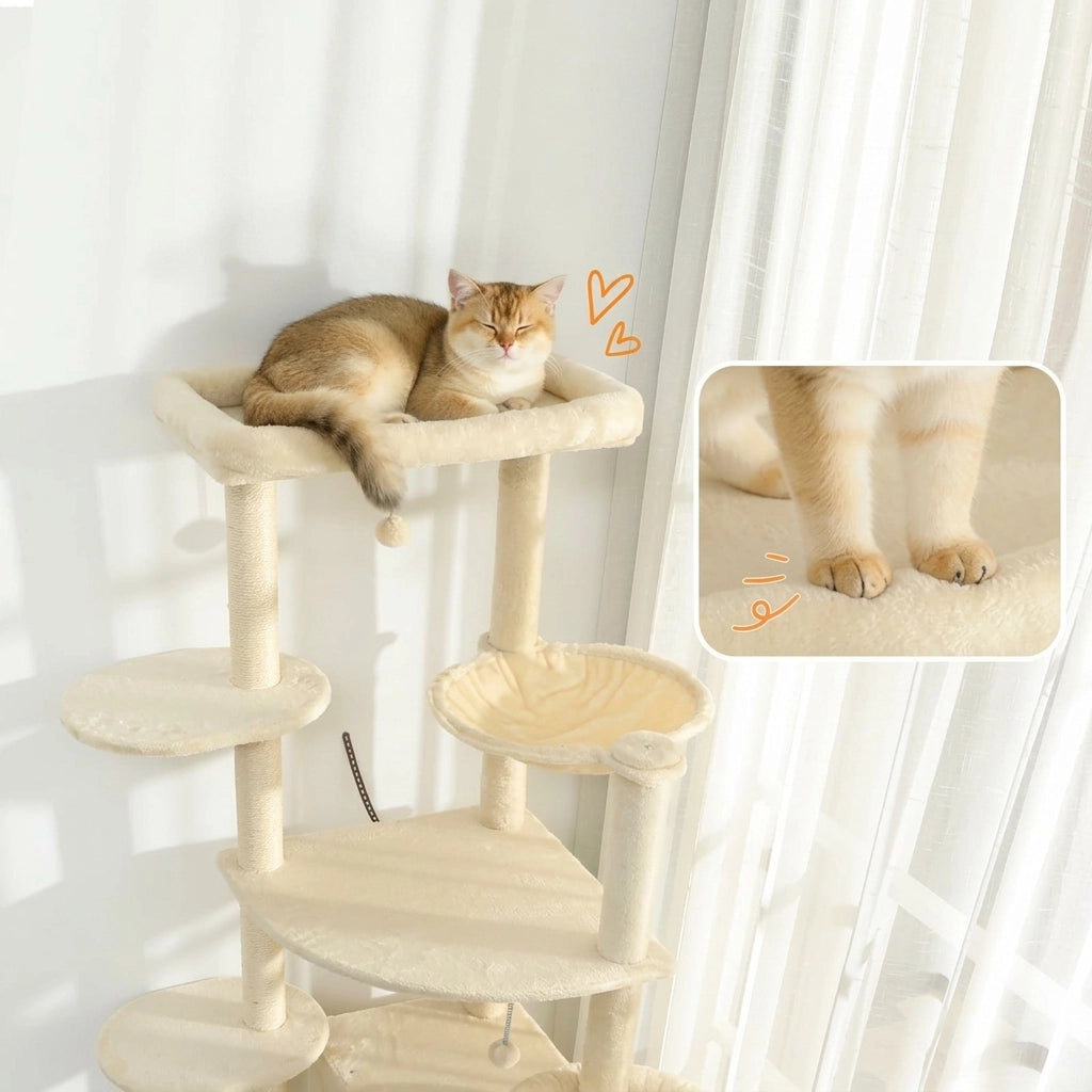 Tiragraffi per Gatti Multi-Livello con Amaca e Cucce; Altezza 200 cm; Beige