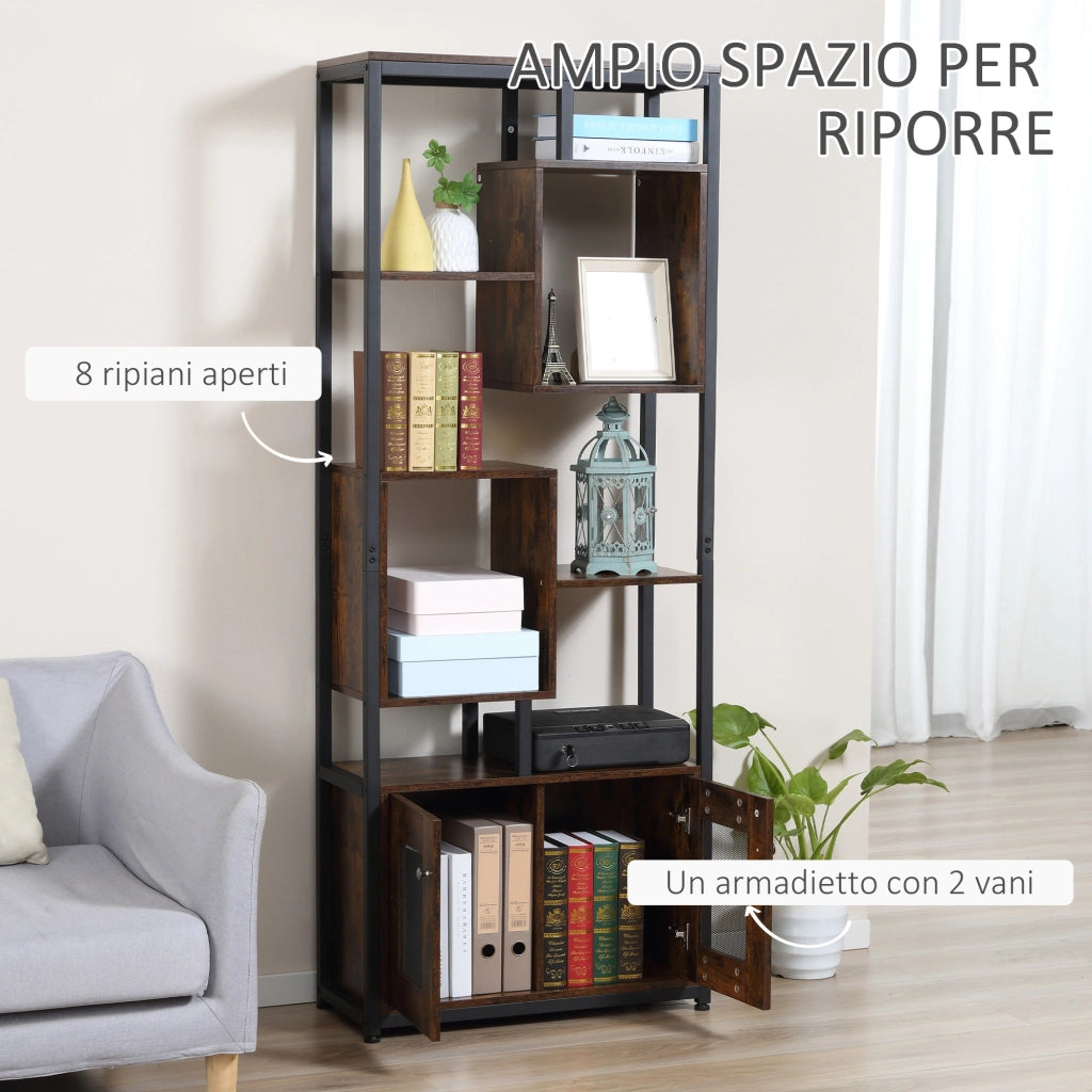 EasyComfort Mobile Libreria Scaffale in Stile Industriale con Armadietto a 2 Ante, Scaffale Salvaspazio a 8 Ripiani per Casa e Ufficio, 70x30x180cm, Marrone