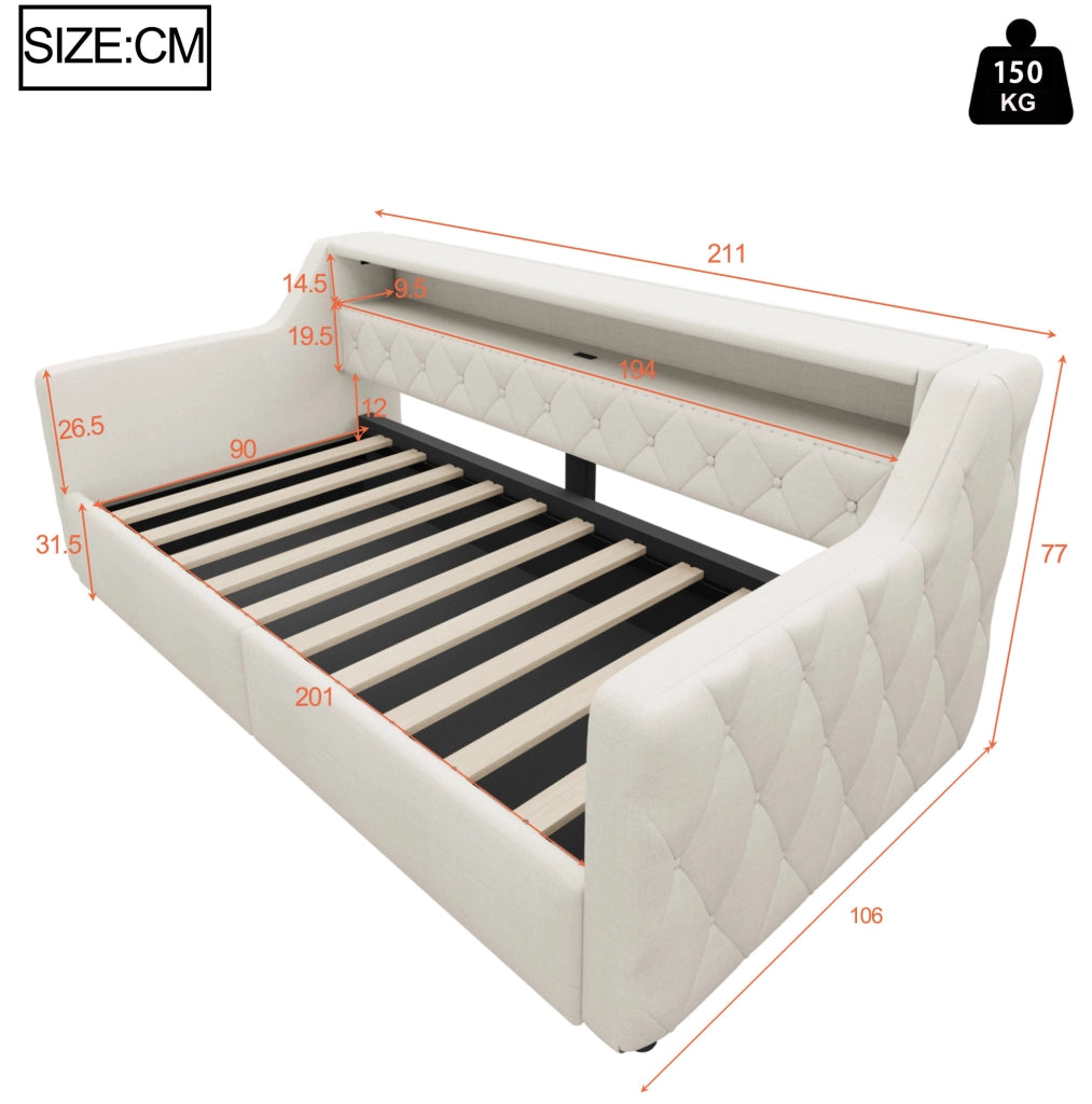 Daybed 90x200 cm con illuminazione LED; vano contenitore idraulico; USB e USB-C; in lino beige