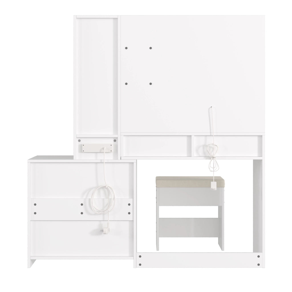 Tavolo da toeletta con specchio LED; prese; 8 cassetti; sgabello; 2 mensole e vetrinetta; molto spazio; Bianco; 131;5×40×140cm