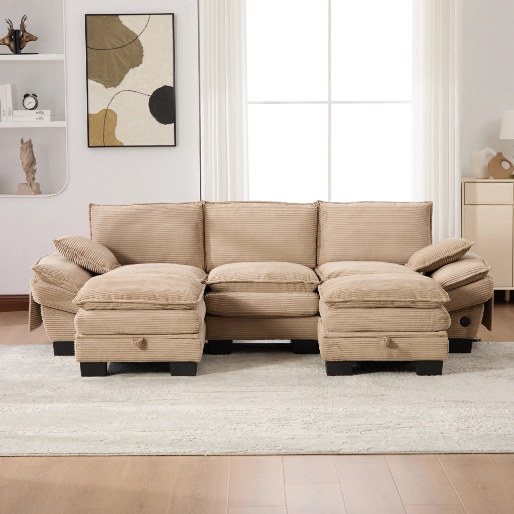 Divano modulare a 3 posti in velluto a coste khaki con 2 pouf, USB-C e tasche laterali