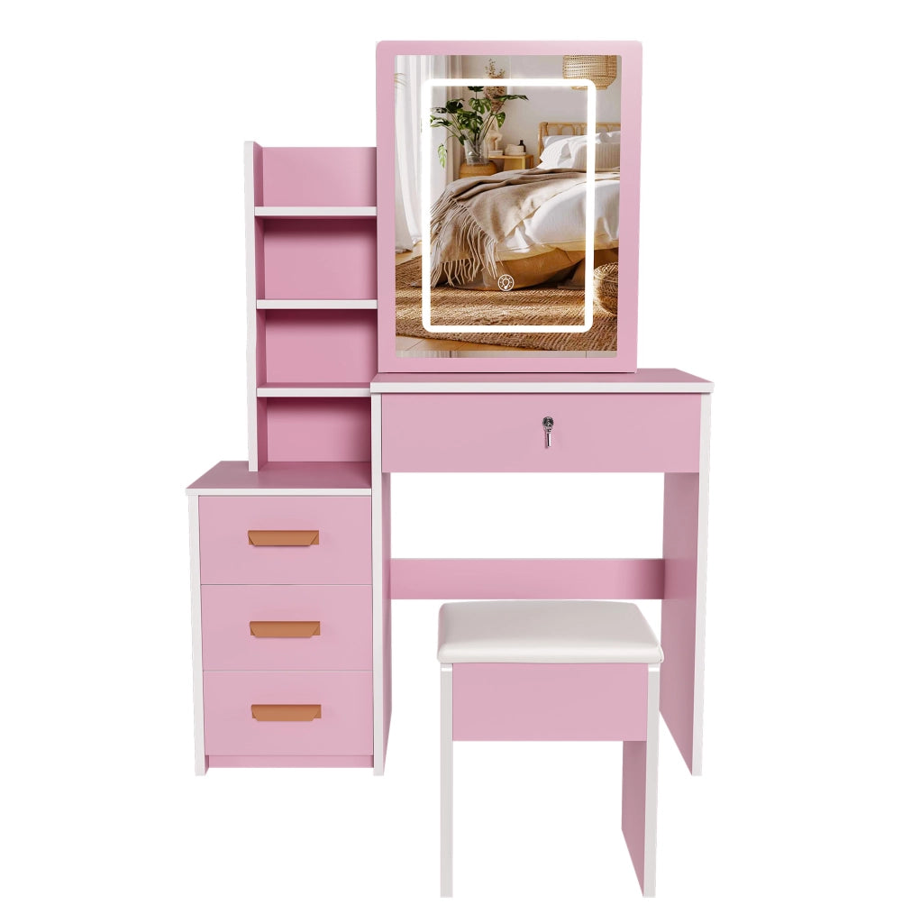 Toeletta con specchio LED e sgabello; 3 modalità di luce; cassetti e ante; MDF rosa