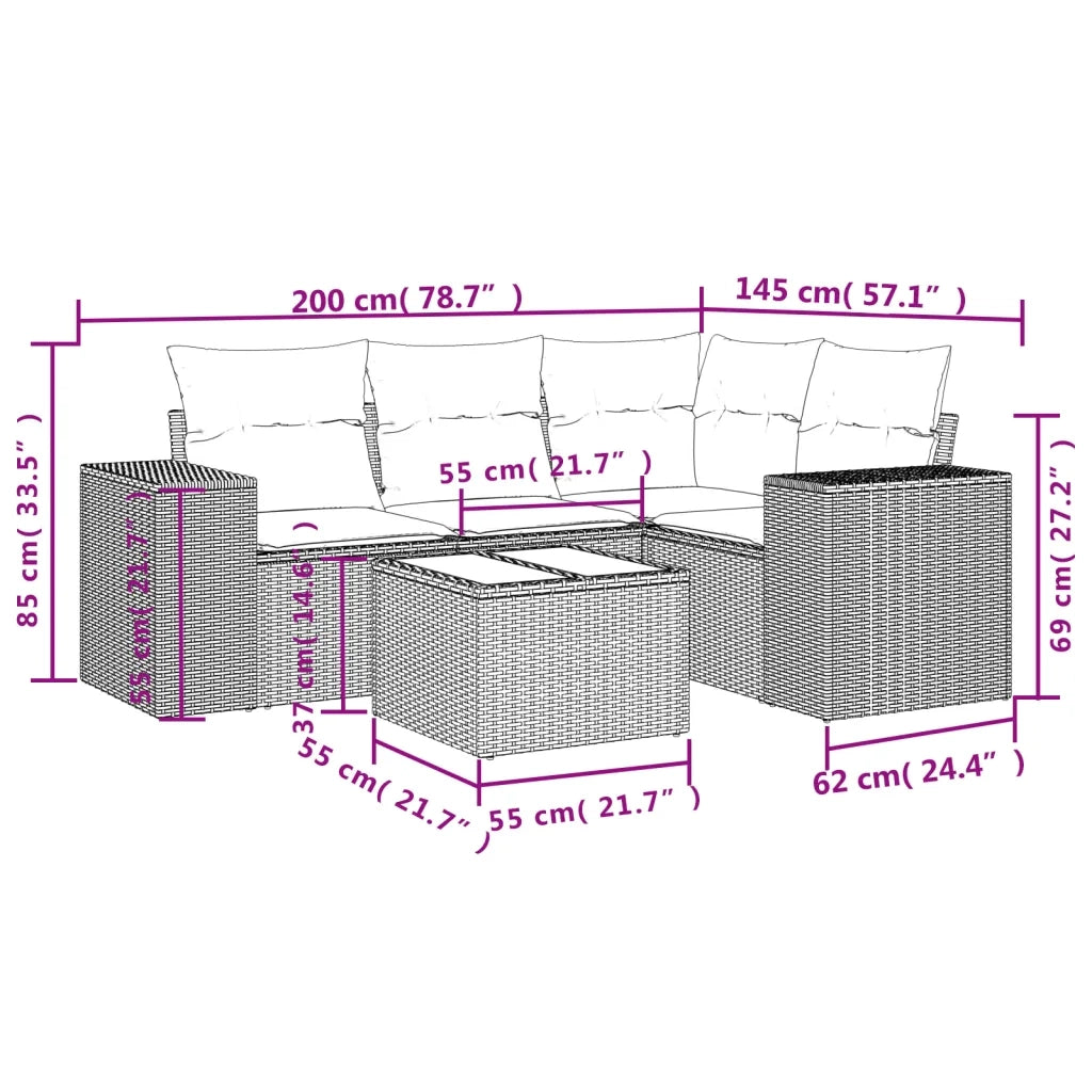 Set Divano da Giardino 5 pz con Cuscini Grigio in Polyrattan