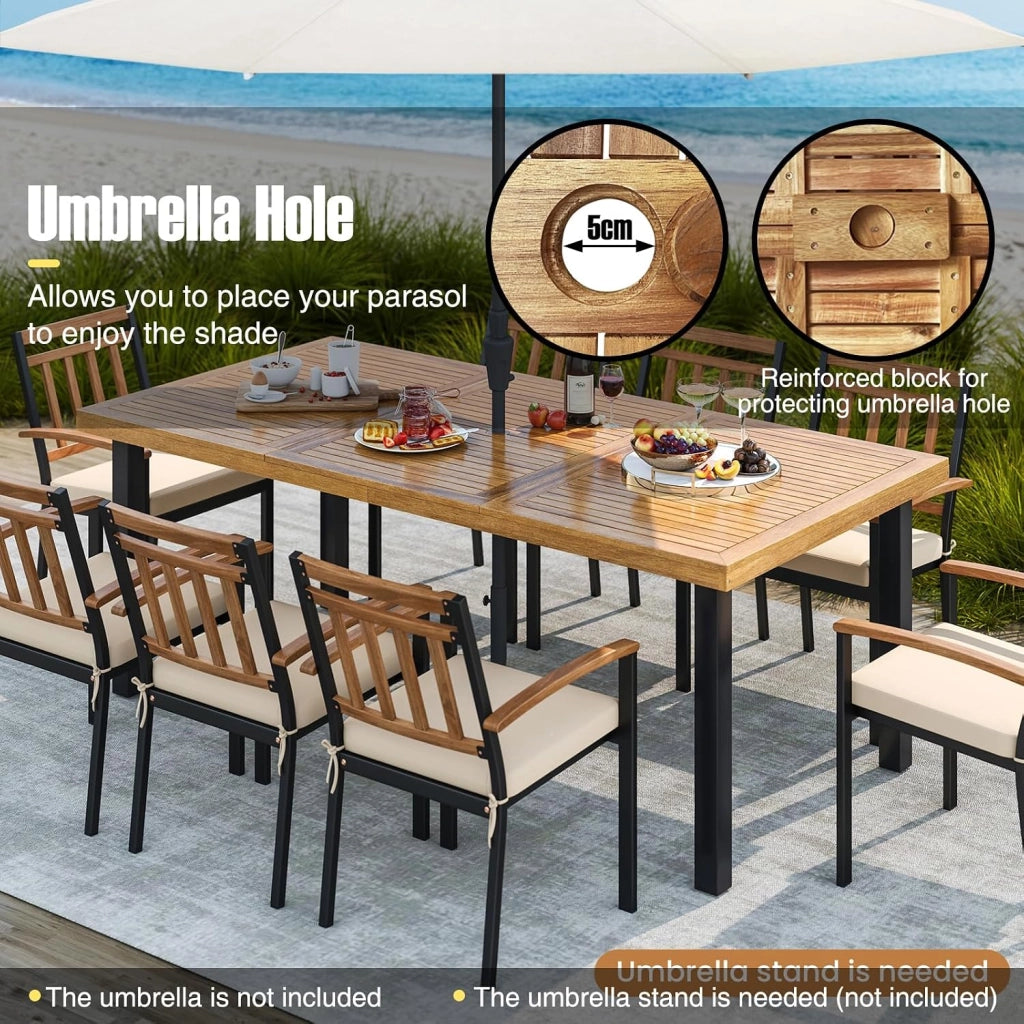 Tavolo da Giardino con Foro per Ombrellone, Tavolo da Pranzo in Legno di Acacia, Tavolo Rettangolare per 8 Persone, 200 x 100 x 75 cm, per Esterni, Balcone, Cortile, Patio (Modello C)