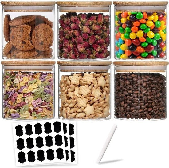 Set di contenitori in vetro con coperchio, 6 pezzi, 350 ml, contenitori per spezie, set di contenitori per scatole di conservazione, vetro, spezie, ermetici, set di contenitori per scatole di conservazione in vetro