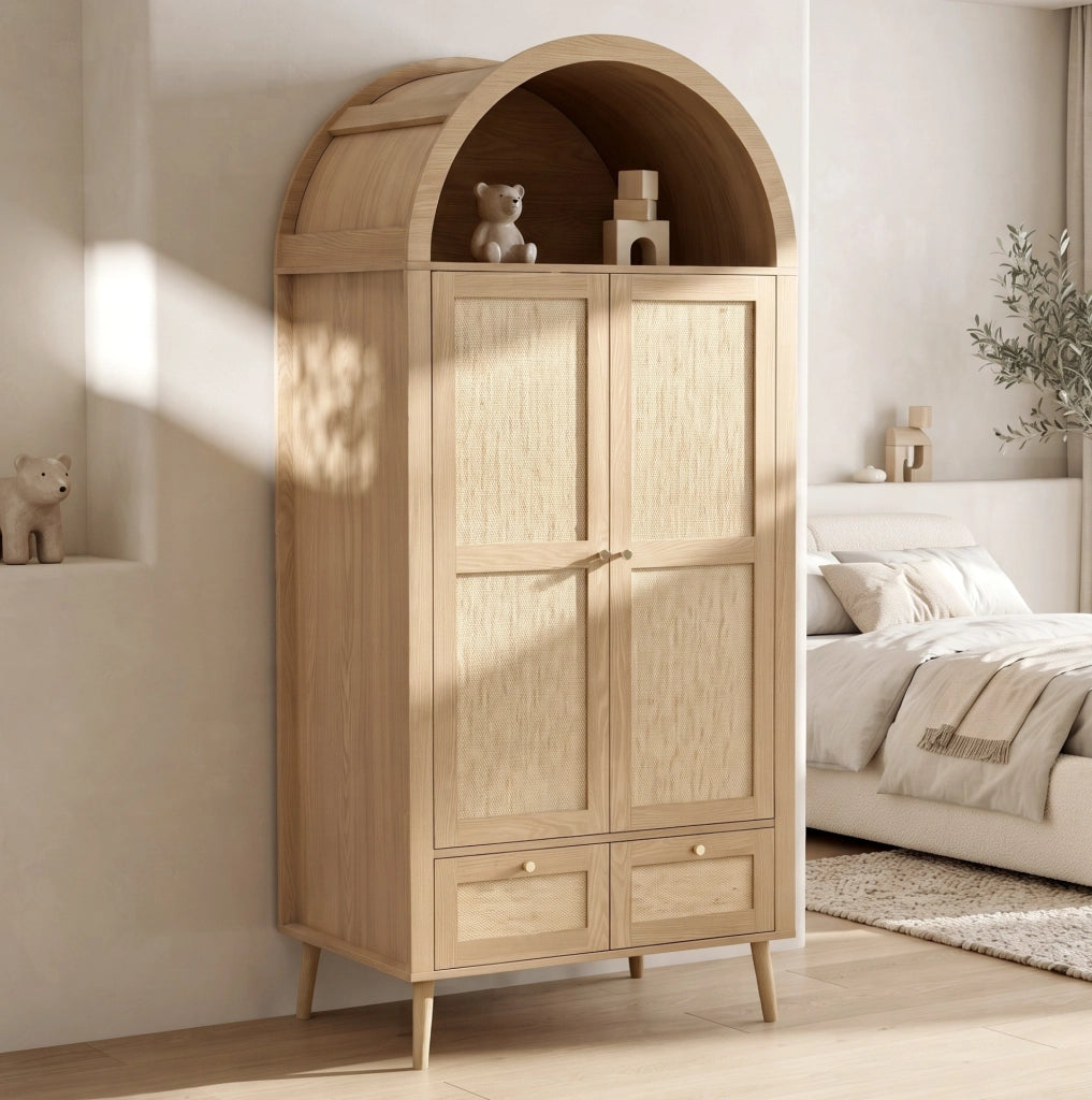 Armadio 2 ante con 2 cassetti e vano aperto 80x55x180 cm in MDF effetto rovere HOMVRA