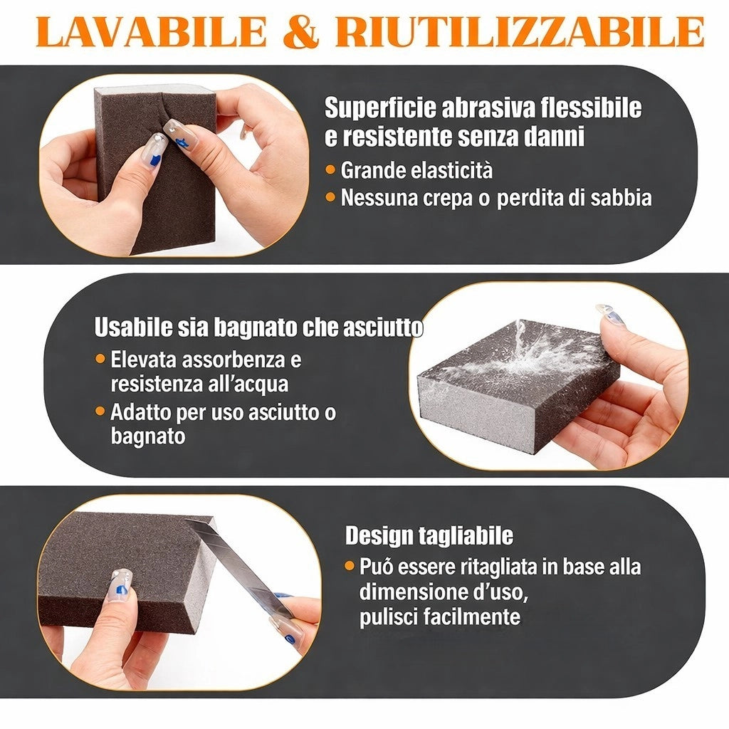 4 Spugne Abrasive P180 4 Lati per Legno Metallo Plastica Lavabili 48302
