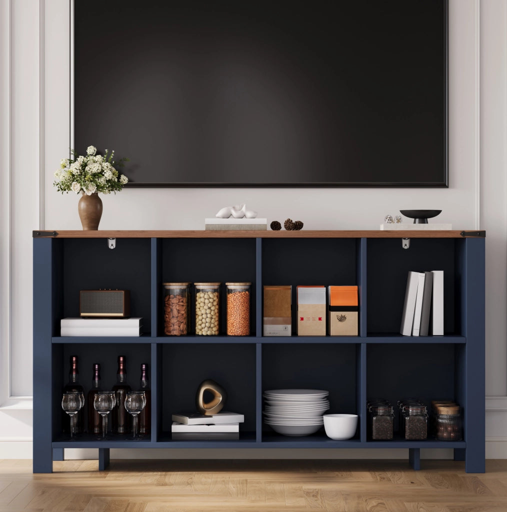 Mobile contenitore blu in MDF con 8 vani aperti, 140 × 34 × 75 cm