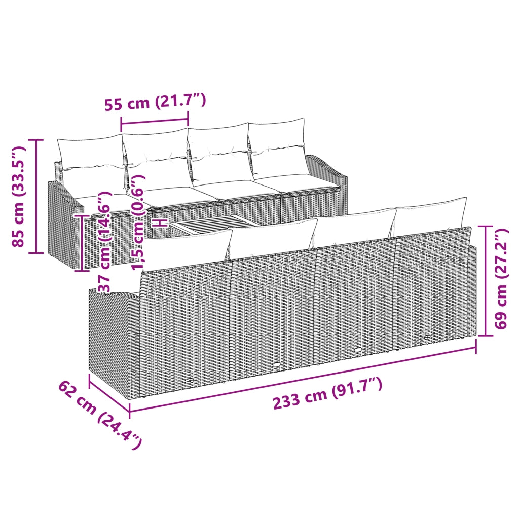 Set Divano da Giardino in 9 Pezzi con Cuscini Grigi in Rattan Sintetico