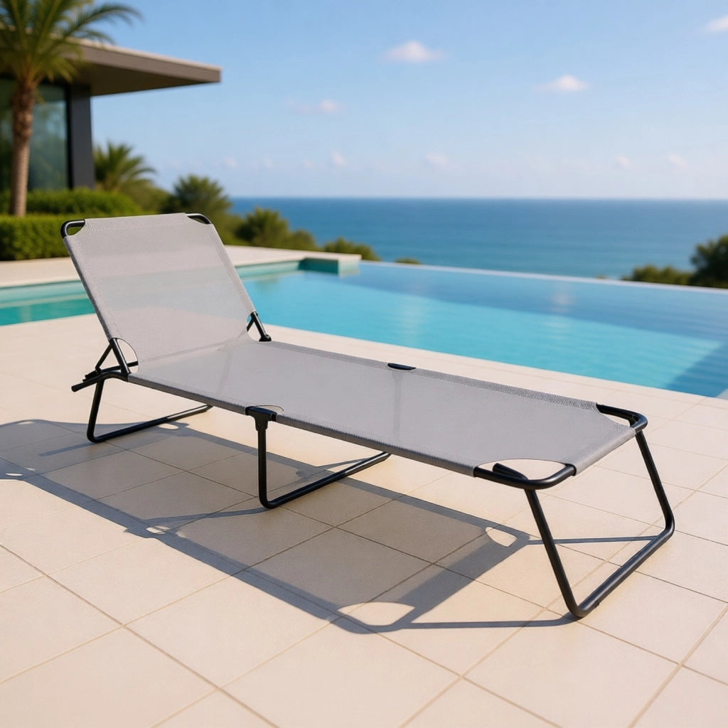 Lettino Prendisole Pieghevole Schienale Reclinabile Regolabile Struttura In Metallo Sedia Sdraio Per Spiaggia Mare Giardino Piscina Grigio Scuro