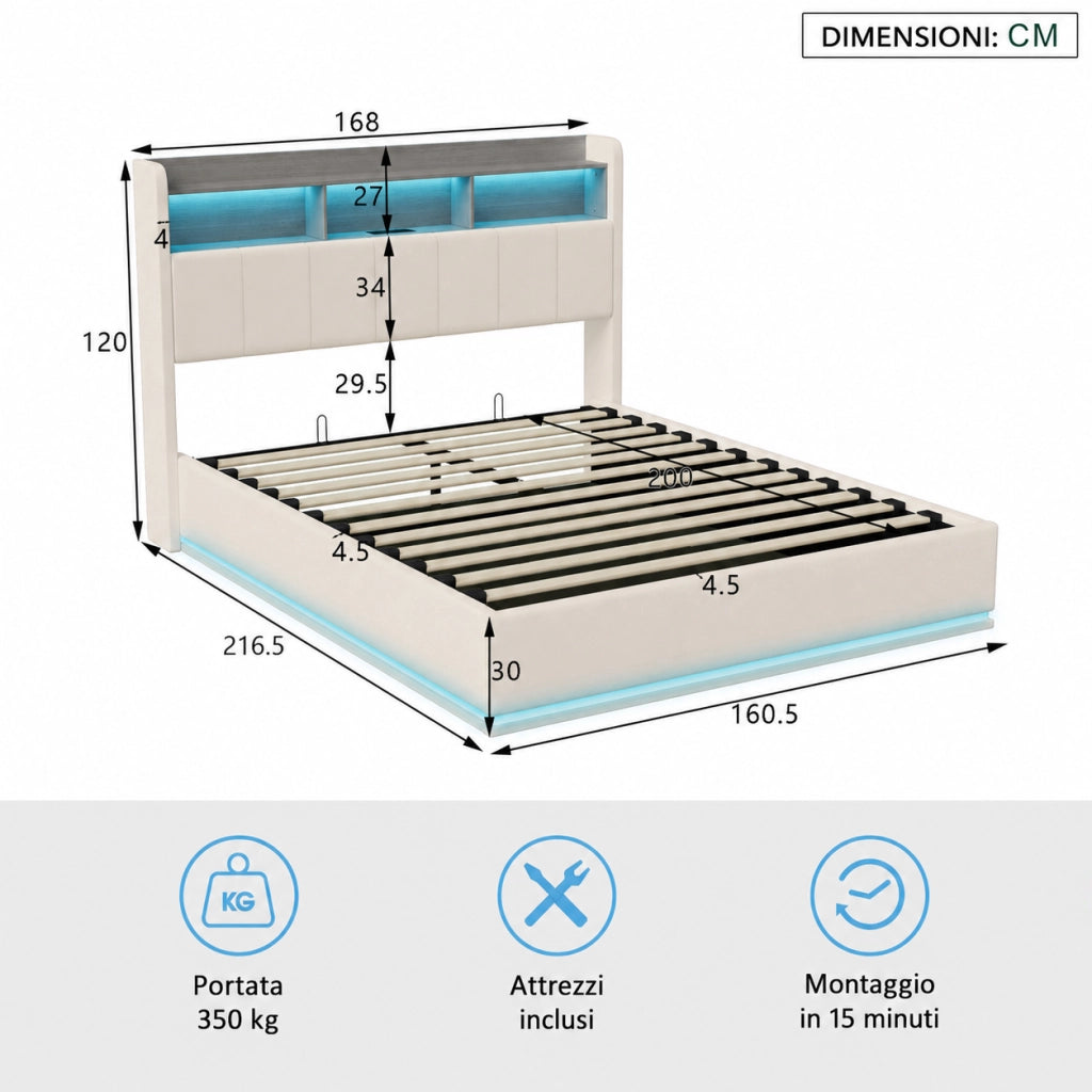 Letto matrimoniale contenitore idraulico 160x200 cm, rivestimento velluto beige, testiera con vani, LED RGB, porte USB‑A e USB‑C, capacità 350kg