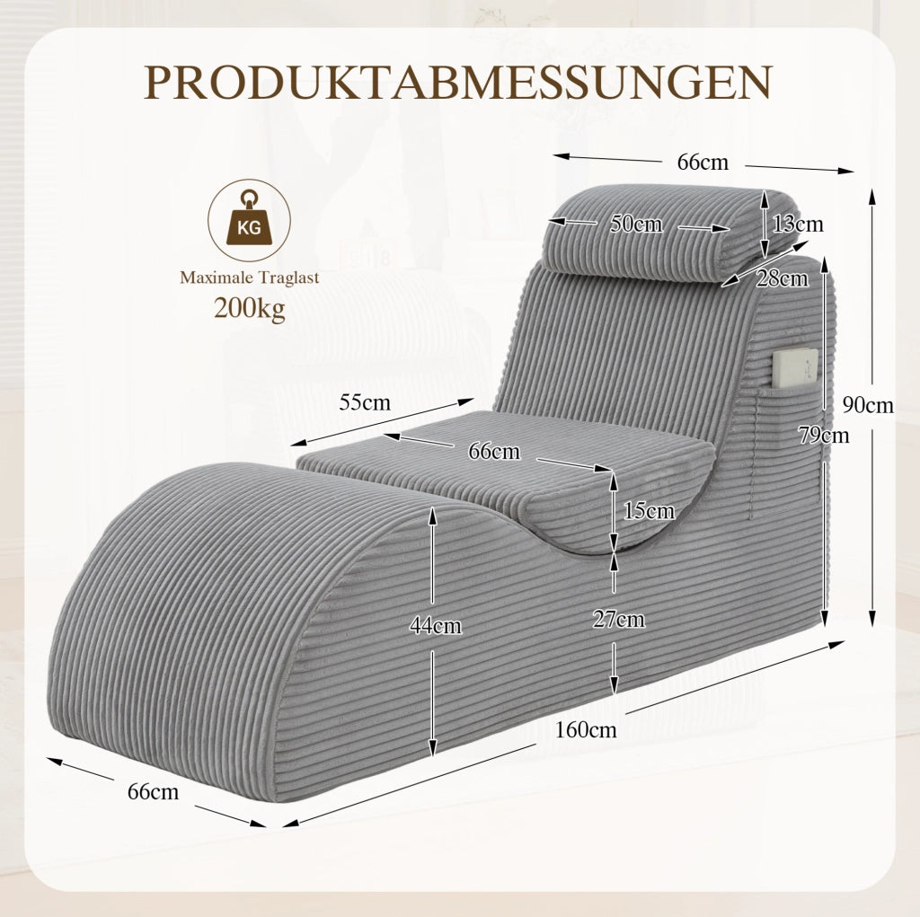 Poltrona ergonomica 160x66x90 cm con tasca laterale e cuscino; grigio chiaro