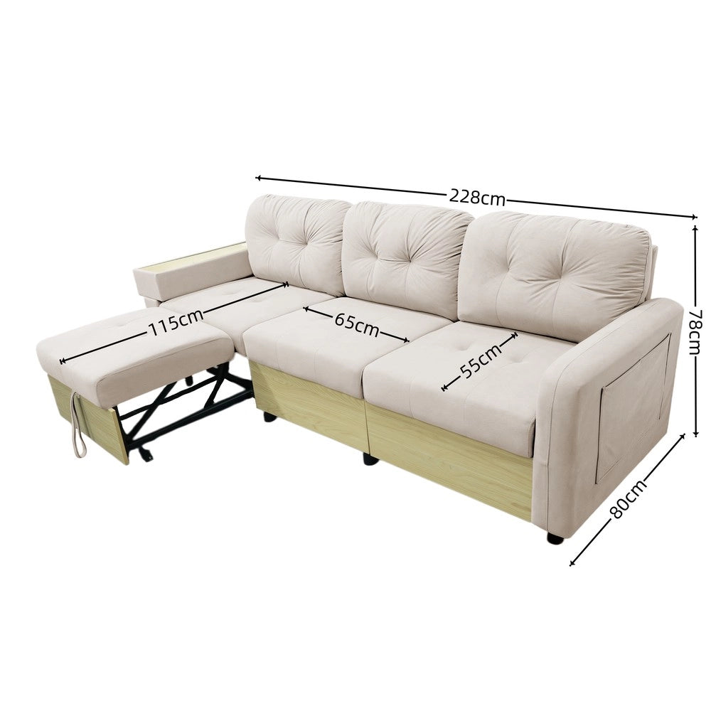 Divano Angolare 3 Posti con Penisola Estraibile ¨C MINIMAL ¨C Velluto Verde/Beige, Contenitore, Braccioli in Legno