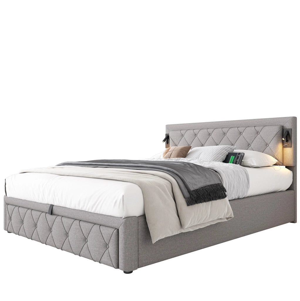 Letto matrimoniale imbottito con contenitore, illuminazione e prese USB grigio