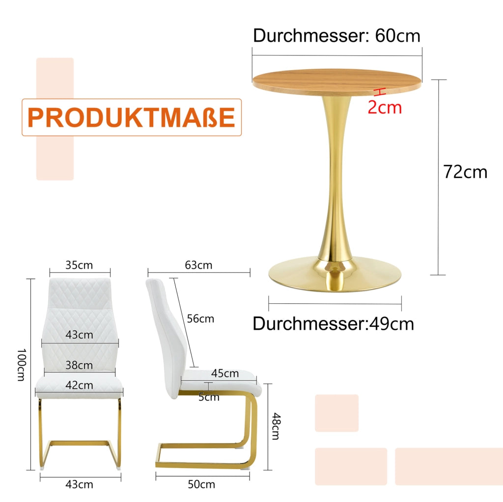 Tavolo e sedie 60 cm in MDF effetto legno bianco e oro per 2 persone