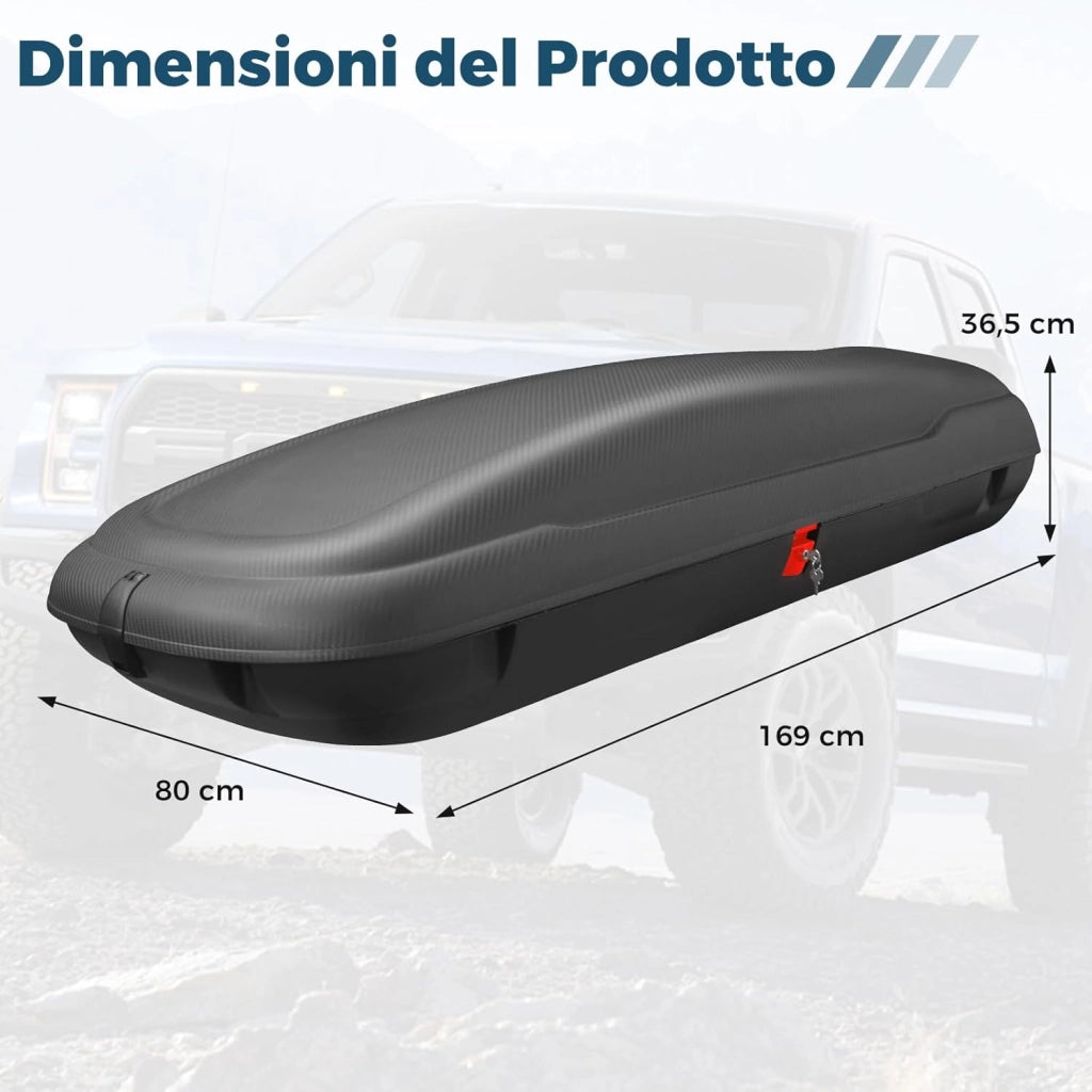 Box da Tetto per Auto XL, Baule Tetto Universale Rigido Impermeabile Super Resistente in Fibra Carbonio e Metallo, Portapacchi per Auto con Chiavi, Capacità 75 kg (169 x 80 x 36,5 cm)