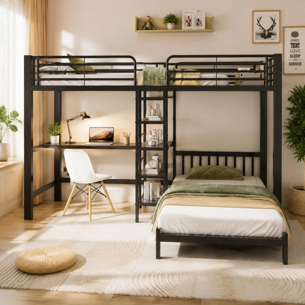 Letto a Soppalco 90 x 200 cm; Letto 2 Posti - Scrivania; USB e Type-C; MDF e Metallo; Nero