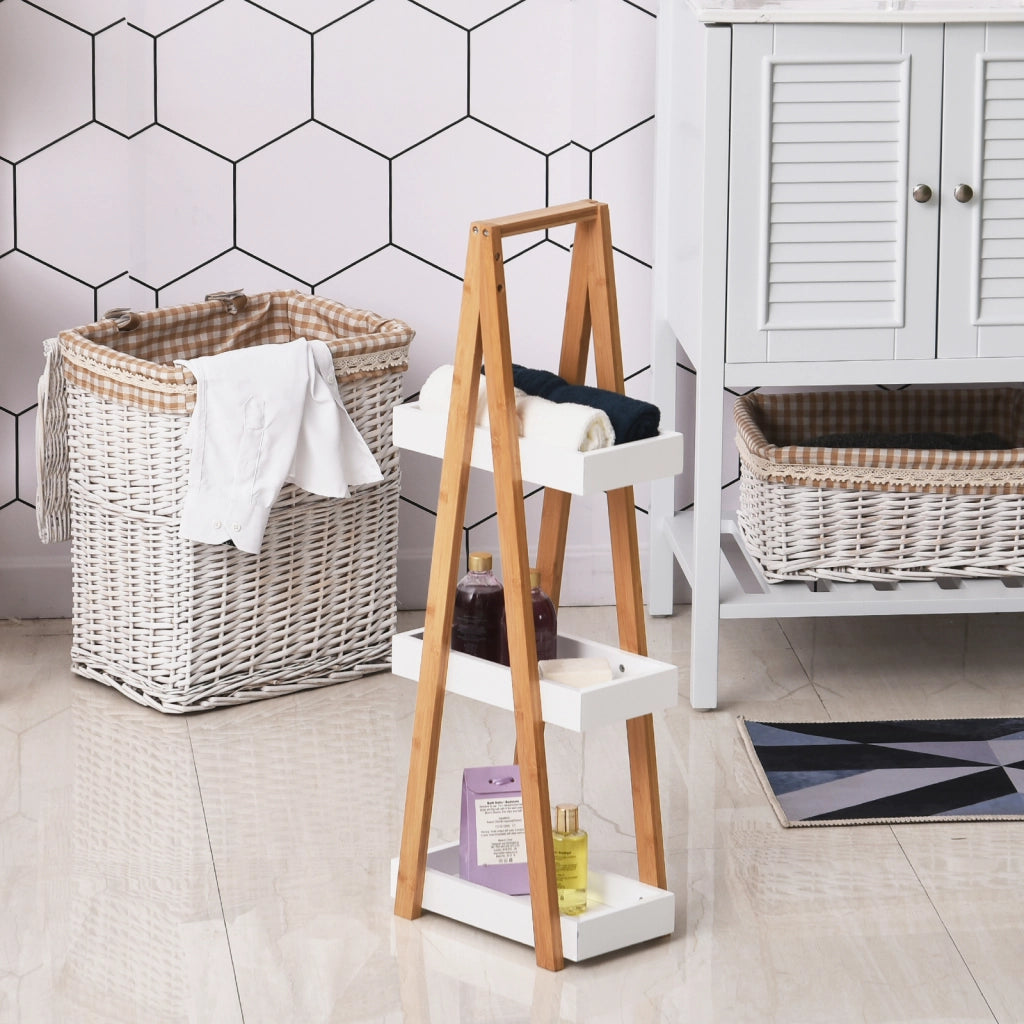 Kleankin Scaffale Bagno 3 Ripiani in MDF e Bamb¨´, 30x18x81cm, Colore Legno e Grigio
