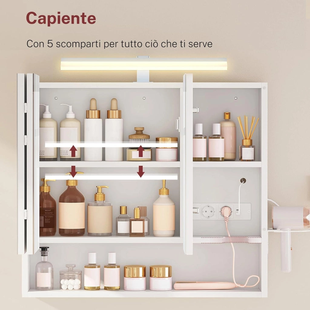 Specchio Bagno Contenitore con Luce LED e Presa Elettrica, Mobile Bagno a Specchio a 3 Ante con Gancio Asciugacapelli, 3 temperature di colore dimmerabili, Ripiani Regolabili, Bianc
