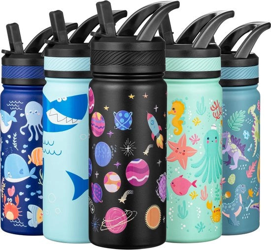 Tazza termica per bambini 550 ml, tazza in acciaio inossidabile con imbuto, libera da grassi, BPA libera, per scuola, asilo, ragazzi e ragazze (nero - sistema solare)