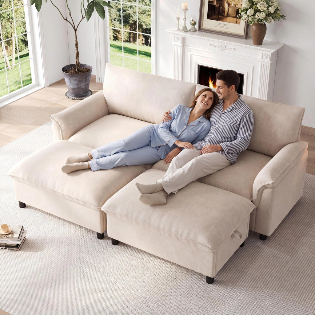Divano modulare con seduta profonda e 2 poggiapiedi mobili, schienale alto, in chenille beige 216 × 77 × 82 cm
