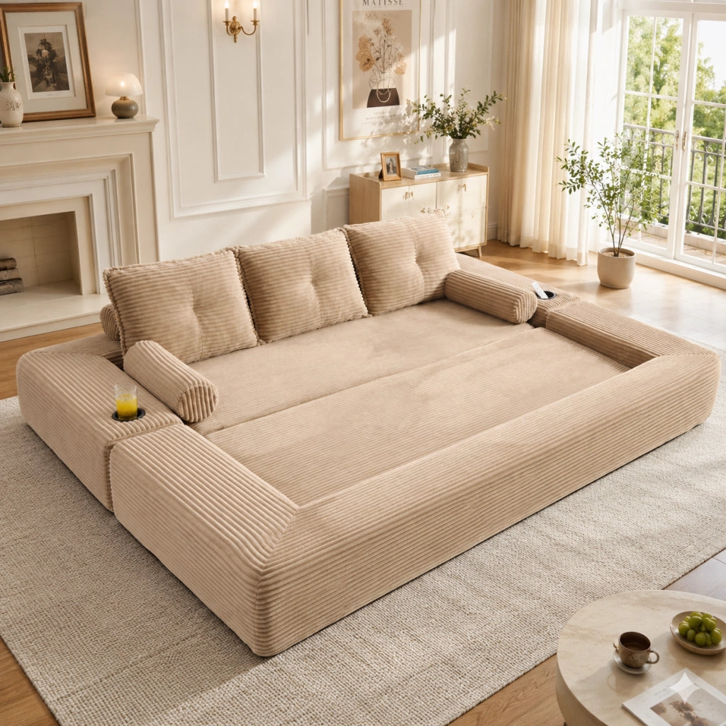 Divano convertibile modulare con cuscini in memory foam, tasche laterali e portabicchieri, in tessuto a coste khaki