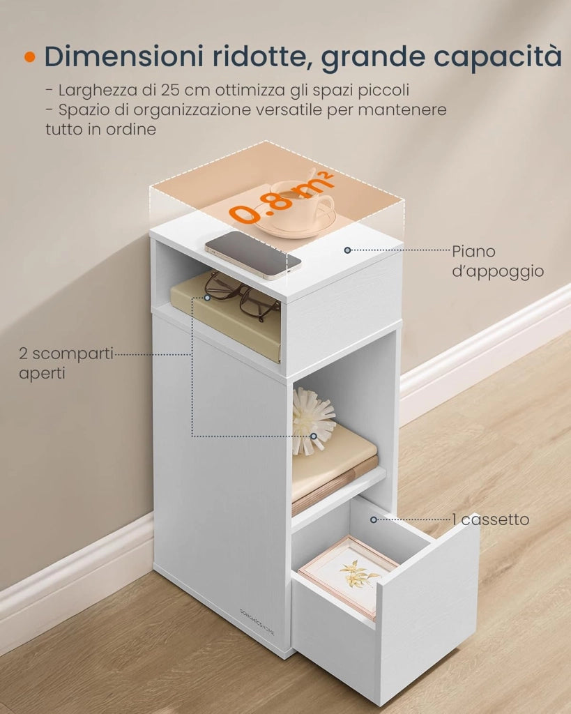 Comodini Sottili, Toolless Montaggio Super Veloce Senza Attrezzi, Set di 2 Tavolini con 2 Scomparti Aperti e 1 Cassetto, per Camera da Letto, 30 x 25 x 59,4 cm, Bianco Neve LET912WE01