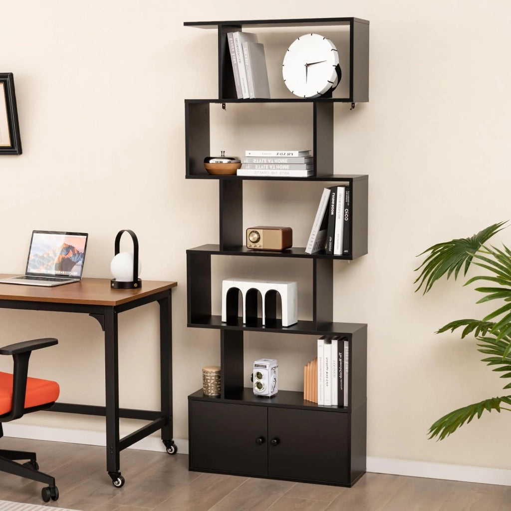 Libreria Scaffale a 5 Livelli, Libreria Verticale, Divisorio per Stanza, Armadietto con 2 Ante, Scaffale Salvaspazio e Multiuso per Soggiorno, Camera da Letto, 70 x 23 x 183 cm (Nero)