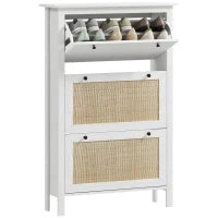 Mobile Scarpiera con 3 Ante Ribaltabili, Effetto Intreccio Rattan, in Legno, Bianco