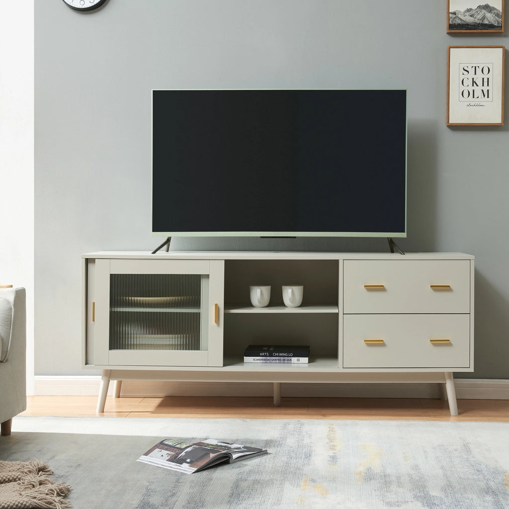Mobile Porta TV Susa con Cassetti e Ante Scorrevoli in Vetro Scanalato 160x40x65 cm Beige [en.casa]