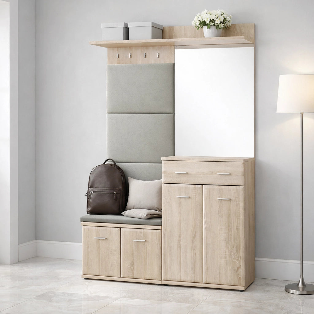 Mobile Ingresso Scarpiera Appendiabiti Imbottito Set Entrata Anta Specchio Vani Guardaroba Ganci Mobiletto Contenitore Multifunzione Salvaspazio Corridoio Casa Design Moderno 120 x 32 x 203 Cm Rovere