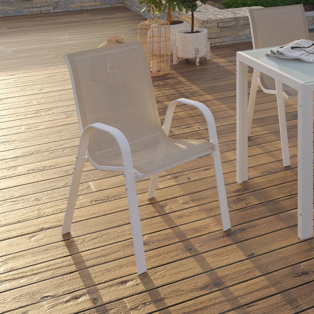 IDMarket - Set di 6 sedie da giardino impilabili LYMA in metallo e textilene, bianco e beige