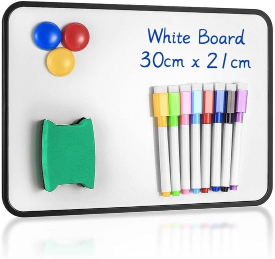 Tavolo bianco doppio 30 x 21 cm - Riscrivibile in secco - Tavolo magnetico - Incluso 8 pennarelli - Con spazzola e magneti