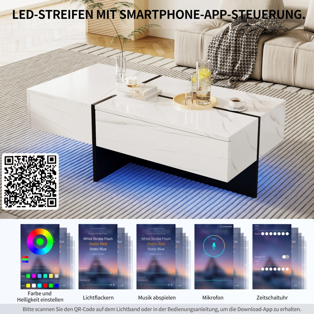 Tavolino da salotto rettangolare con 3 cassetti e LED controllato da app, bianco, 100 × 50 × 34.5 cm