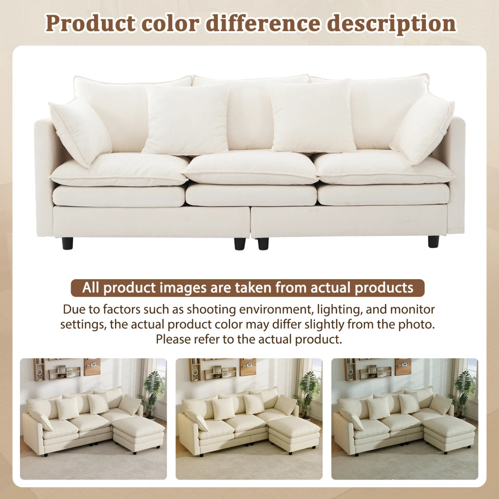 Divano angolare a 3 posti in ciniglia con chaise longue mobile, 4 cuscini e 3 schienali beige 212 × 150 × 90 cm