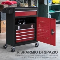 Carrello Porta Attrezzi 5 Cassetti, Cassetta Rimovibile e Armadietto con Chiave in Acciaio, Rosso
