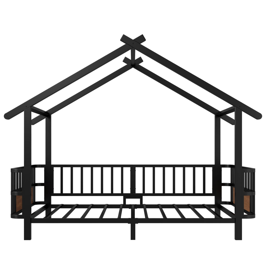 Letto per bambini a casetta 90x200 cm con sponde di sicurezza in metallo nero