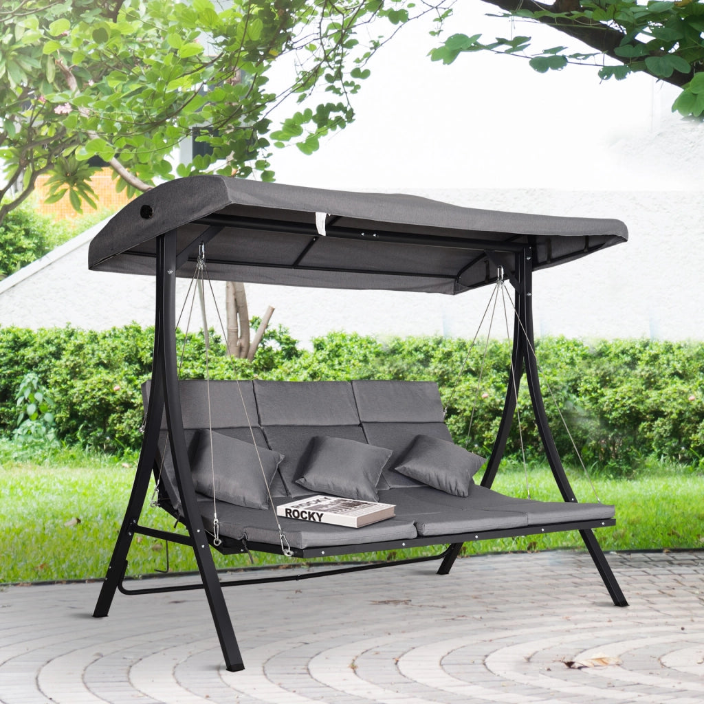 Dondolo da Giardino con Tettuccio e Cuscini ¨C zephmum ¨C Grigio, Textilene, Metallo, 198x118x168 cm