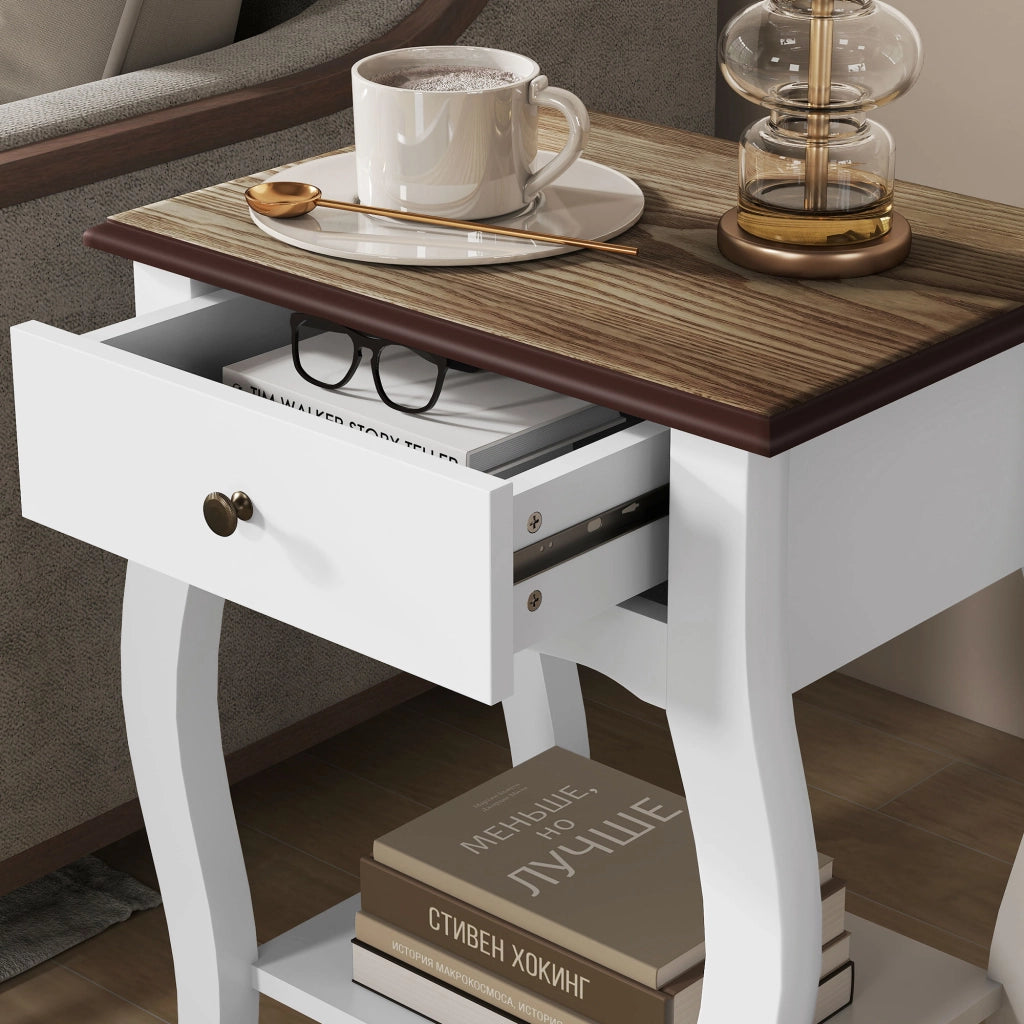 Comodino in Stile Francese con Cassetto 45x35x55 cm in MDF Bianco e Rovere