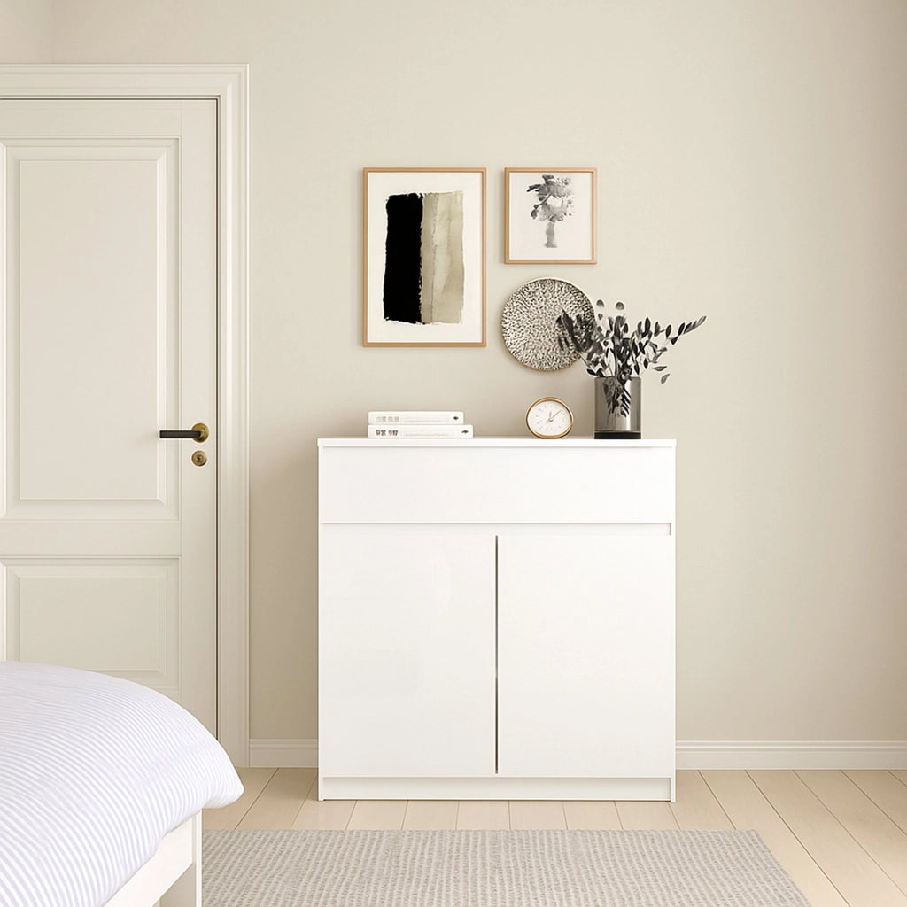 Credenza con ante e un Genziana, colore bianco lucido, cm 80 x 100 x 41
