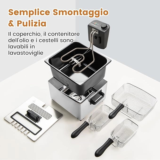 2000W Friggitrice Elettrica in Acciaio Inox 5L, Friggitrice Olio con 3 Cestelli, Temperatura Regolabile Fino a 190 °C e Coperchio Visibile