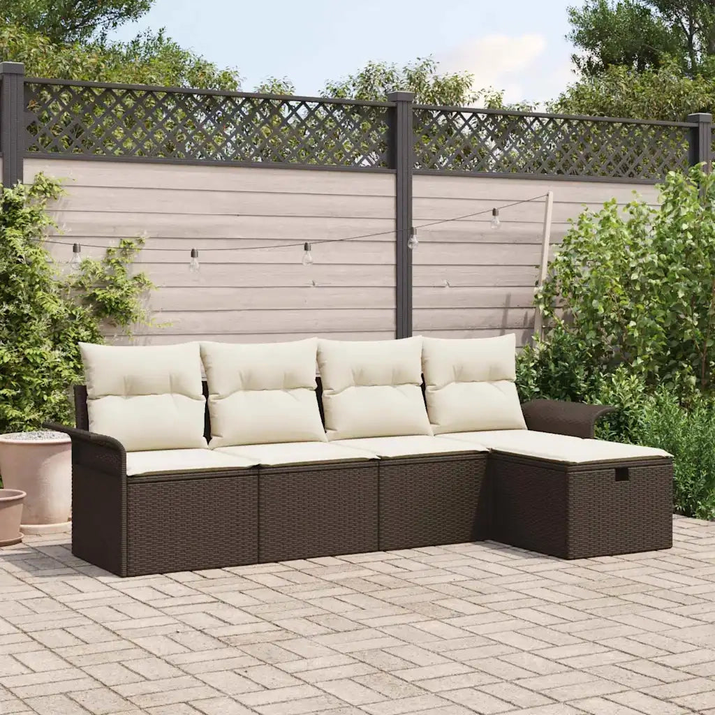 Set Divano da Giardino con cuscino 5 pcs Marrone Poly Rattan