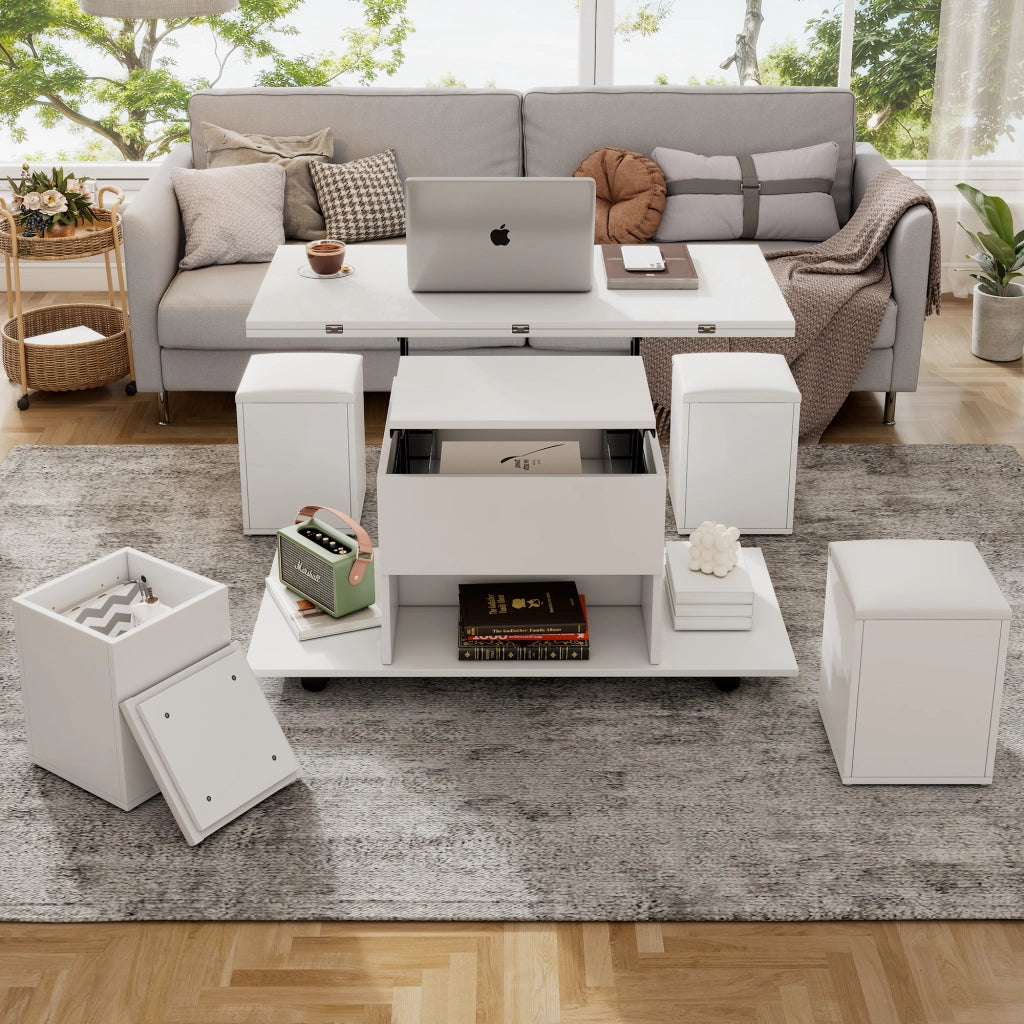 Tavolino da salotto 100x100x63.5 cm; piano regolabile con 4 sgabelli; truciolare bianco