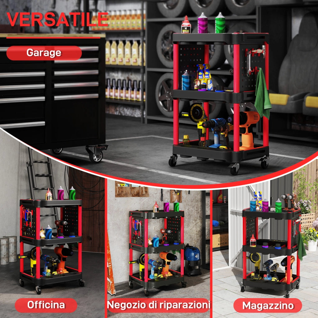 Carrello Porta Attrezzi a 3 Livelli in Plastica con Pannello Forato Laterale, Nero e Rosso