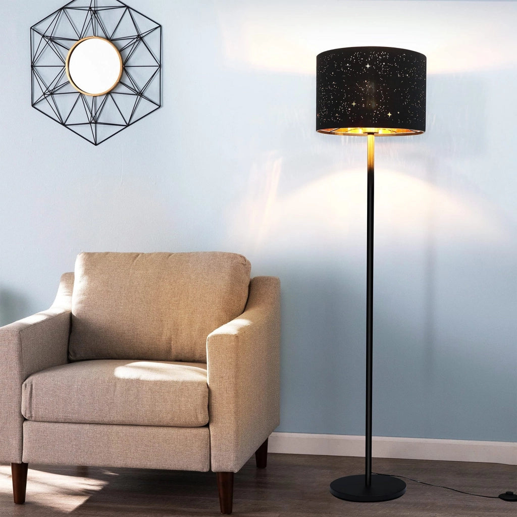 ZMH Lampada da terra moderna tessuto nero oro E27 design stella 144cm max 40W con paralume