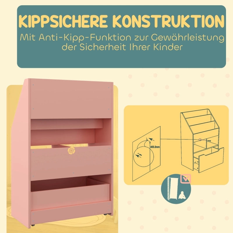Libreria per bambini con cassetto, 3 ripiani e 2 vani a giorno, scaffale contenitore per cameretta, sala giochi, rosa, 60 x 29,9 x 90 cm