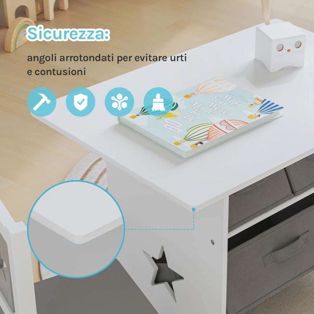 Tavolo per Bambini Scrivania con Cassetti Tavolino con 2 Sedie in Legno