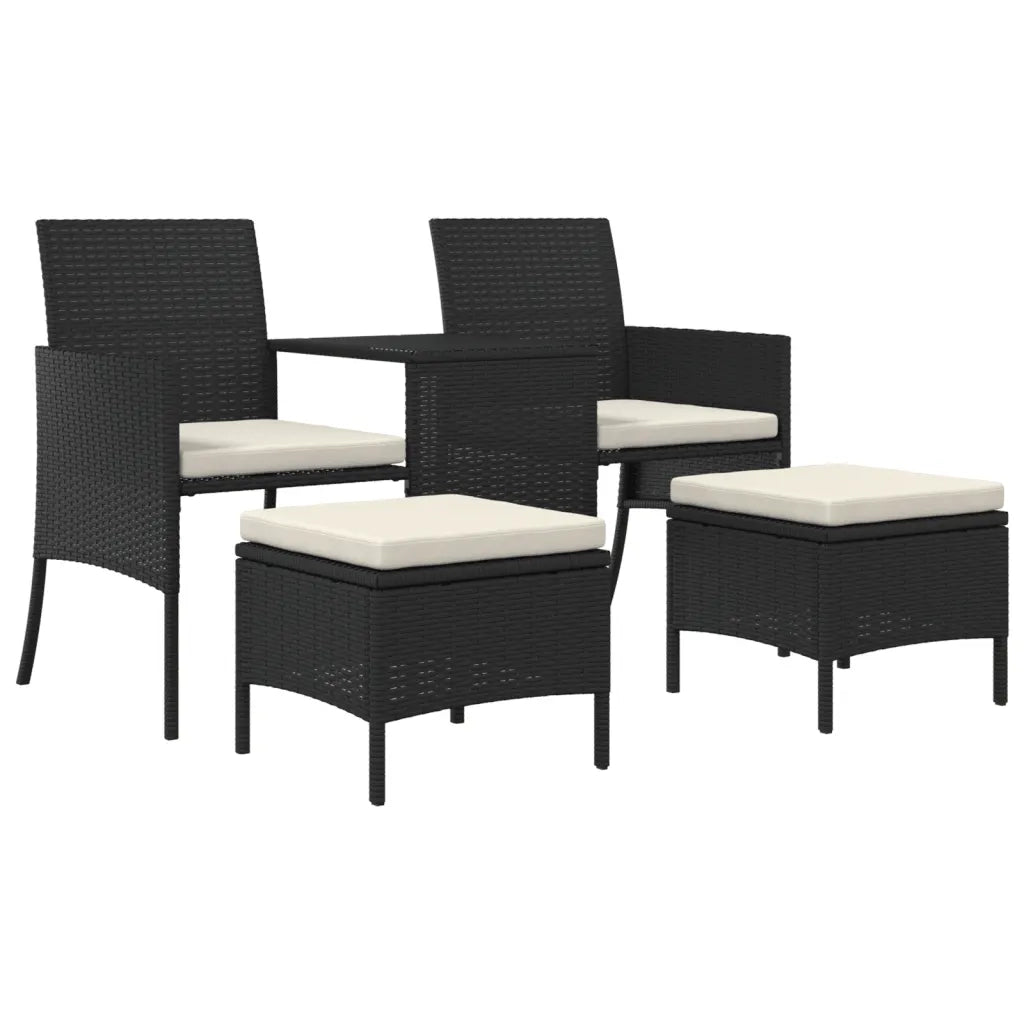 Divano Giardino 2 Posti con Tavolo e Sgabelli Nero Polyrattan