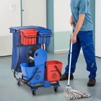 Carrello Pulizie con Sacco per Immondizia, 4 Secchi e Strizzatore per Mocio, 93x80x97 cm, Rosso Blu e Nero